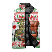 Madagascar Christmas Sleeveless Puffer Jacket with Lemur Santa Hat Holiday Tree and Festive Pattern - Wonder Print Shop