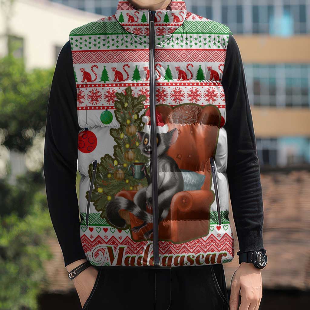 Madagascar Christmas Sleeveless Puffer Jacket with Lemur Santa Hat Holiday Tree and Festive Pattern - Wonder Print Shop