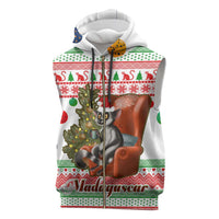 Madagascar Christmas Sleeveless Zip Hoodie with Lemur Santa Hat Holiday Tree and Festive Pattern - Wonder Print Shop