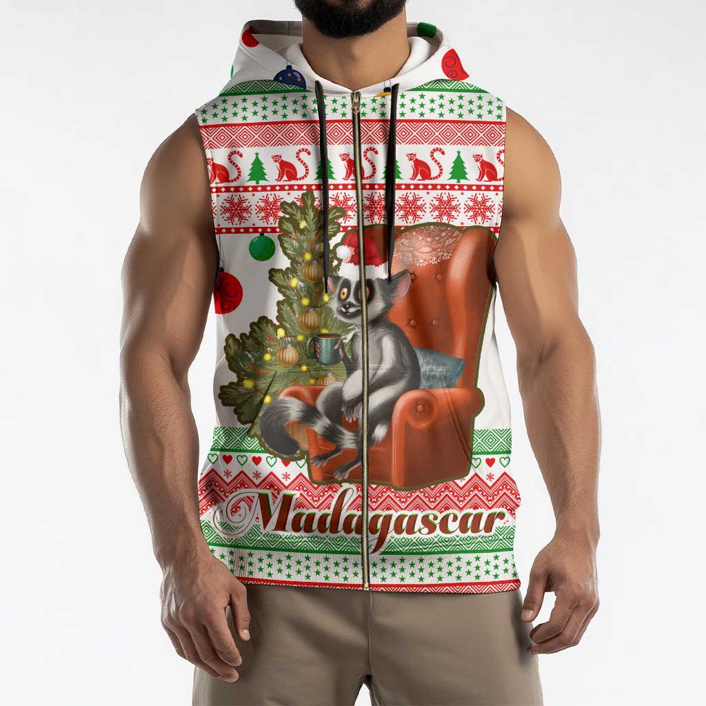 Madagascar Christmas Sleeveless Zip Hoodie with Lemur Santa Hat Holiday Tree and Festive Pattern - Wonder Print Shop