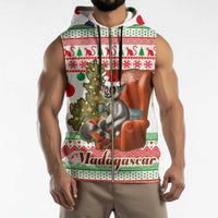 Madagascar Christmas Sleeveless Zip Hoodie with Lemur Santa Hat Holiday Tree and Festive Pattern - Wonder Print Shop