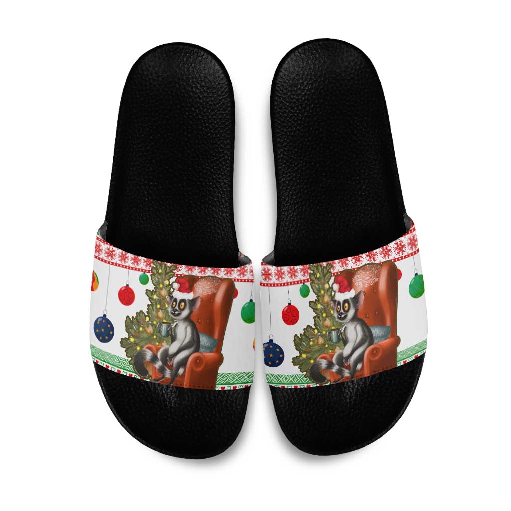 Madagascar Christmas Slide Sandals with Lemur Santa Hat Holiday Tree and Festive Pattern - Wonder Print Shop