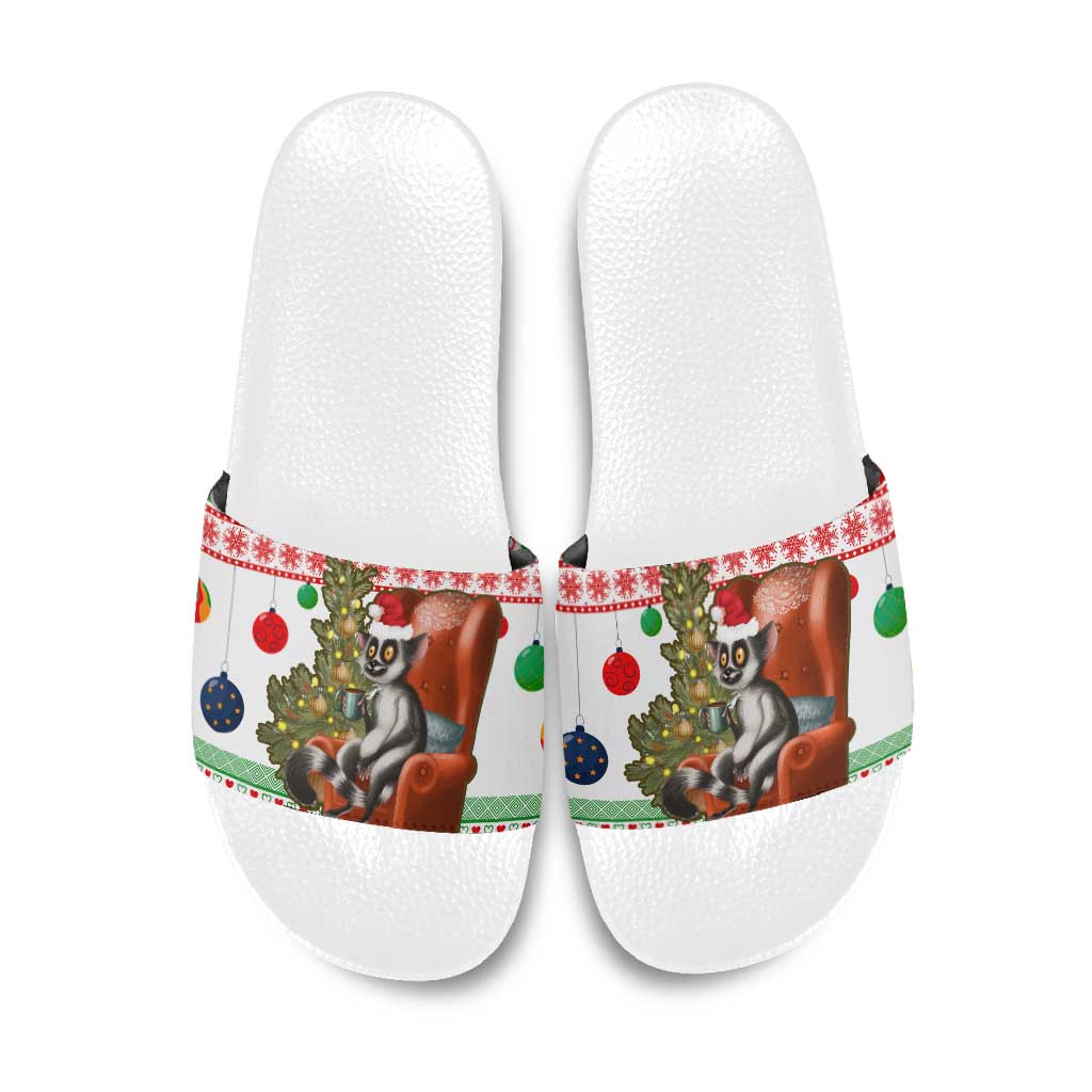 Madagascar Christmas Slide Sandals with Lemur Santa Hat Holiday Tree and Festive Pattern - Wonder Print Shop