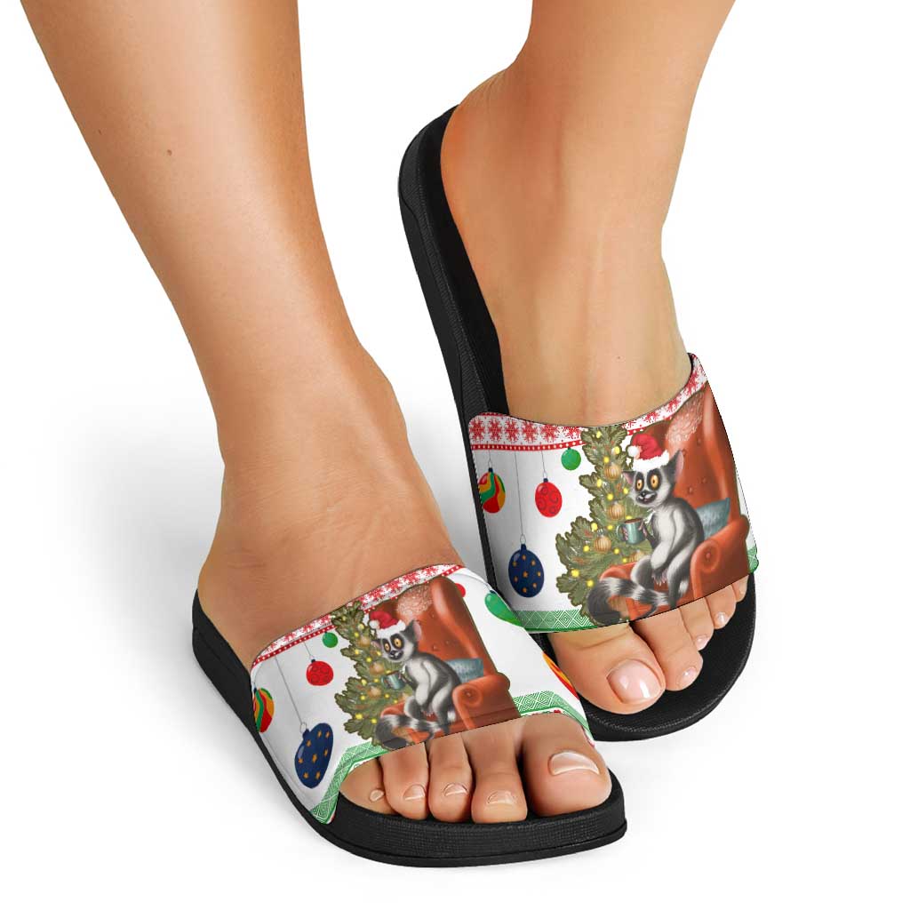 Madagascar Christmas Slide Sandals with Lemur Santa Hat Holiday Tree and Festive Pattern - Wonder Print Shop