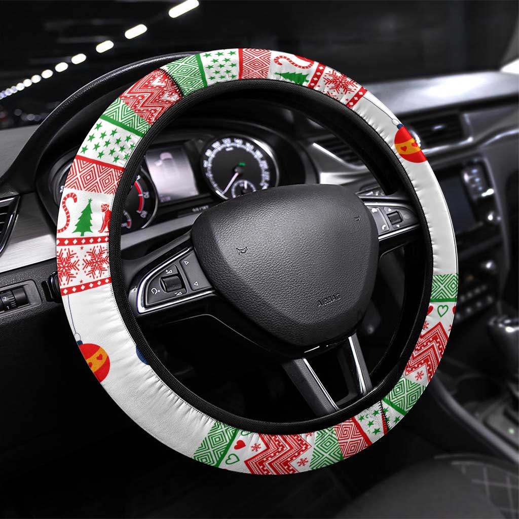 Madagascar Christmas Steering Wheel Cover with Lemur Santa Hat Holiday Tree and Festive Pattern - Wonder Print Shop