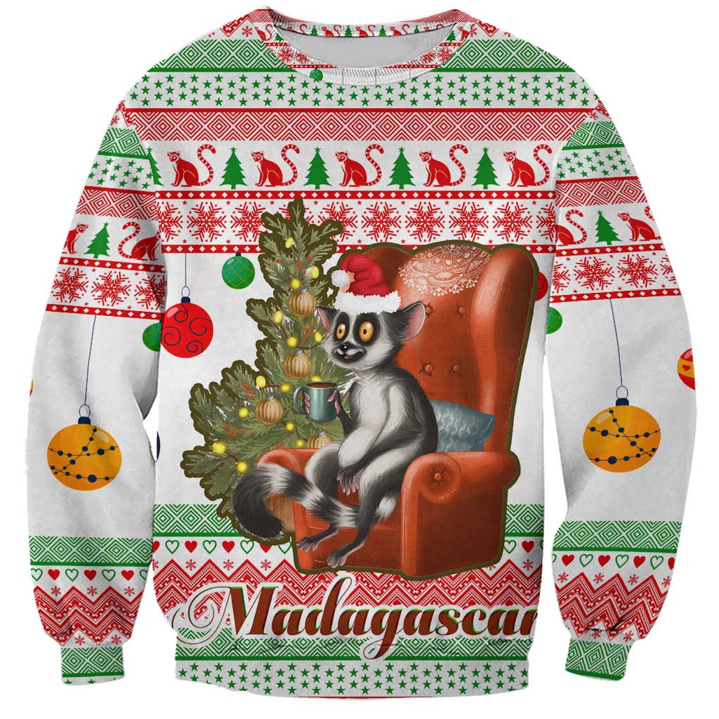 Madagascar Christmas Sweatshirt with Lemur Santa Hat Holiday Tree and Festive Pattern - Wonder Print Shop