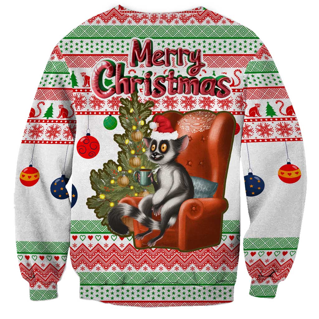 Madagascar Christmas Sweatshirt with Lemur Santa Hat Holiday Tree and Festive Pattern - Wonder Print Shop