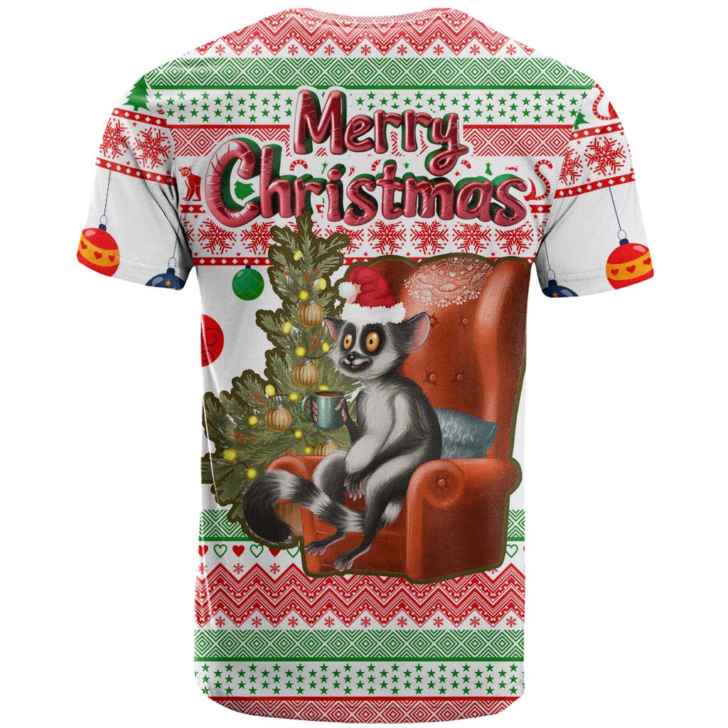 Madagascar Christmas T Shirt with Lemur Santa Hat Holiday Tree and Festive Pattern - Wonder Print Shop
