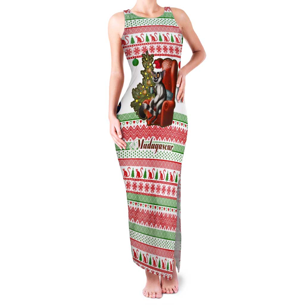 Madagascar Christmas Tank Maxi Dress with Lemur Santa Hat Holiday Tree and Festive Pattern - Wonder Print Shop