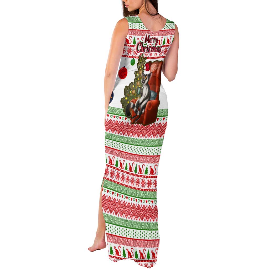 Madagascar Christmas Tank Maxi Dress with Lemur Santa Hat Holiday Tree and Festive Pattern - Wonder Print Shop