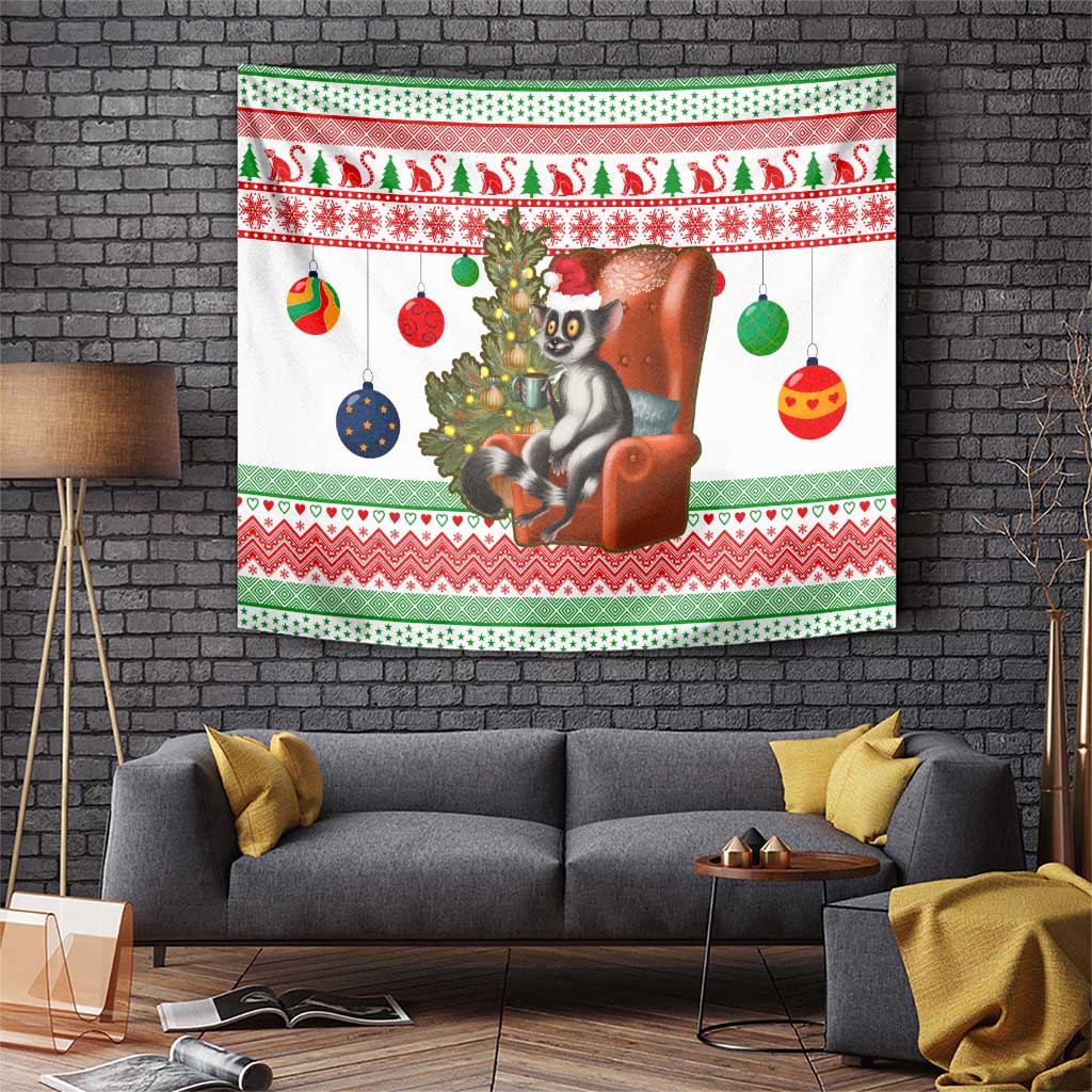 Madagascar Christmas Tapestry with Lemur Santa Hat Holiday Tree and Festive Pattern - Wonder Print Shop