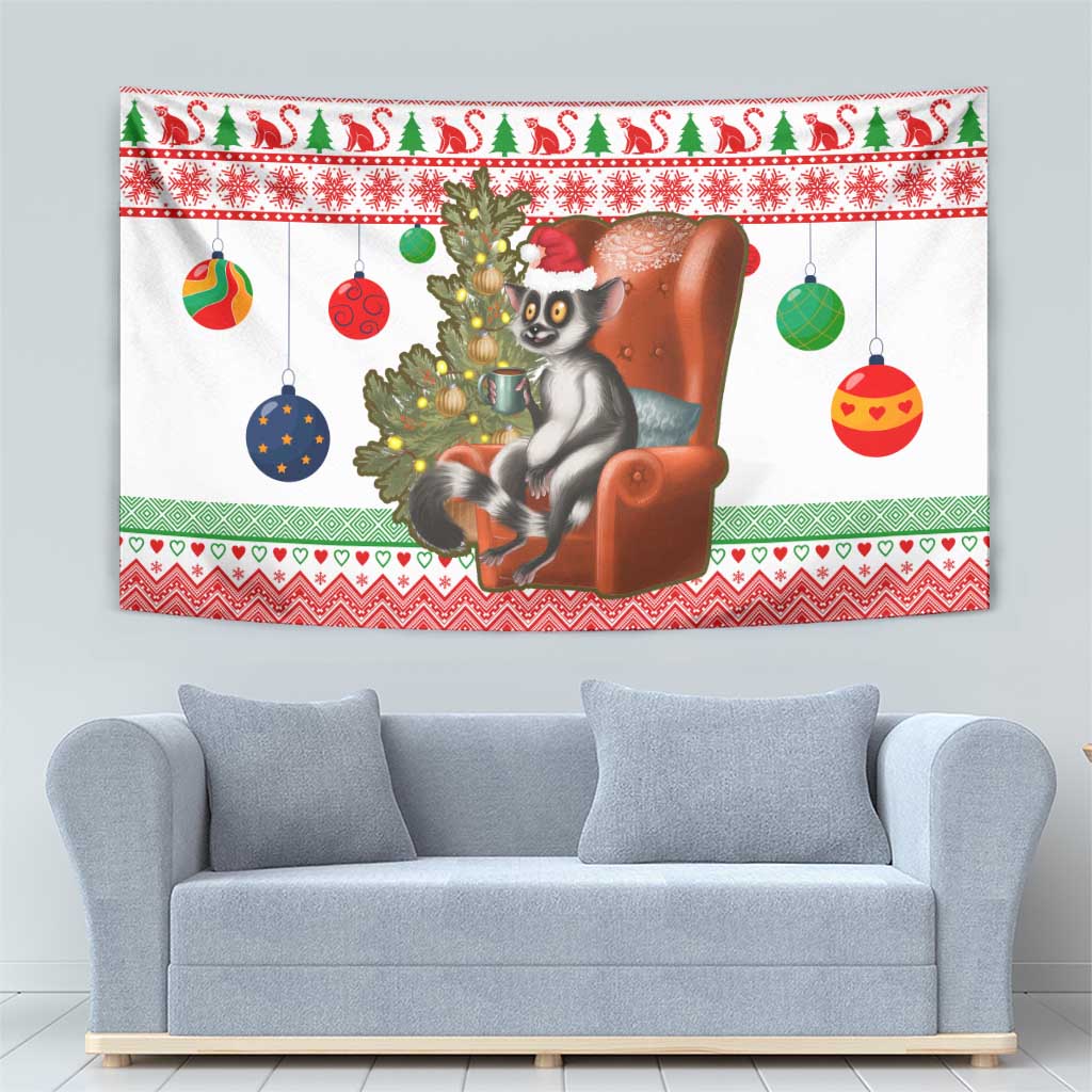 Madagascar Christmas Tapestry with Lemur Santa Hat Holiday Tree and Festive Pattern - Wonder Print Shop