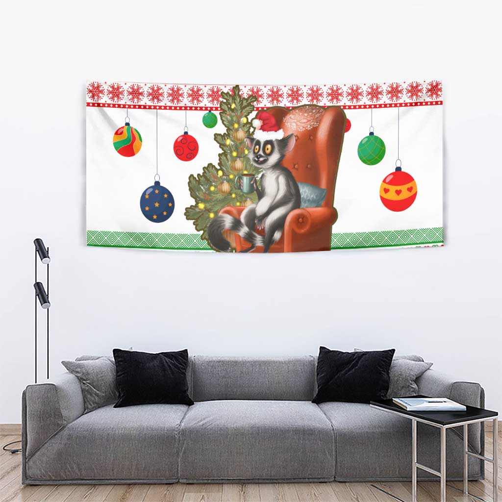 Madagascar Christmas Tapestry with Lemur Santa Hat Holiday Tree and Festive Pattern - Wonder Print Shop