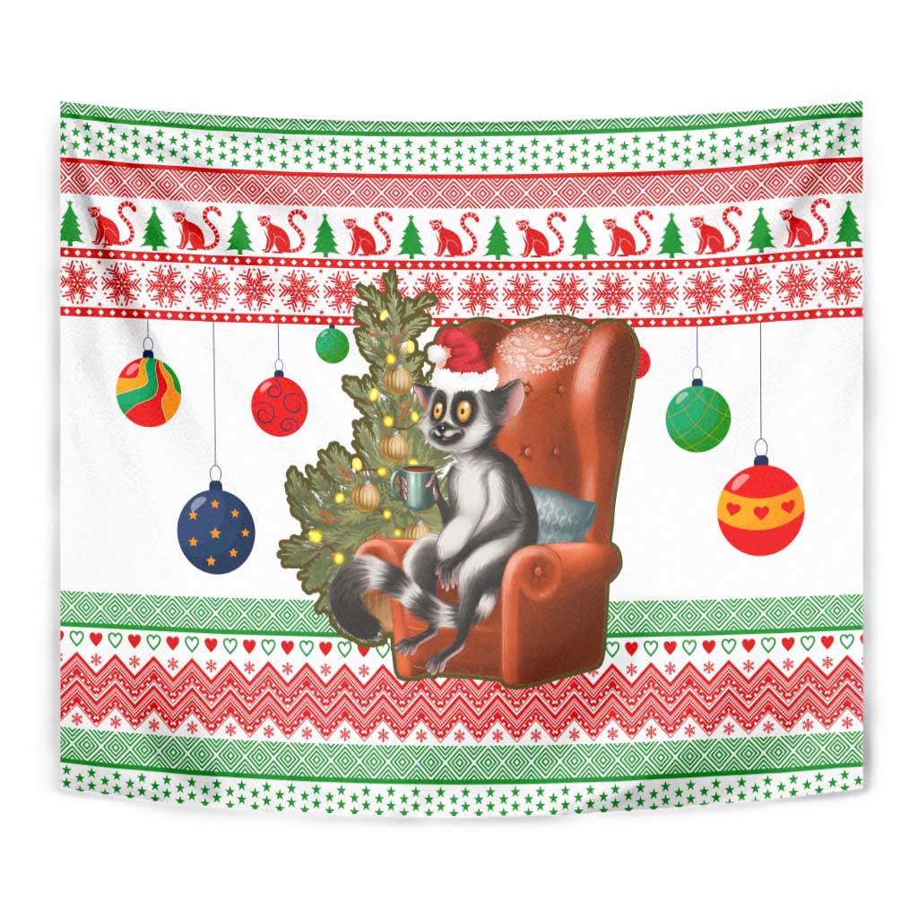 Madagascar Christmas Tapestry with Lemur Santa Hat Holiday Tree and Festive Pattern - Wonder Print Shop