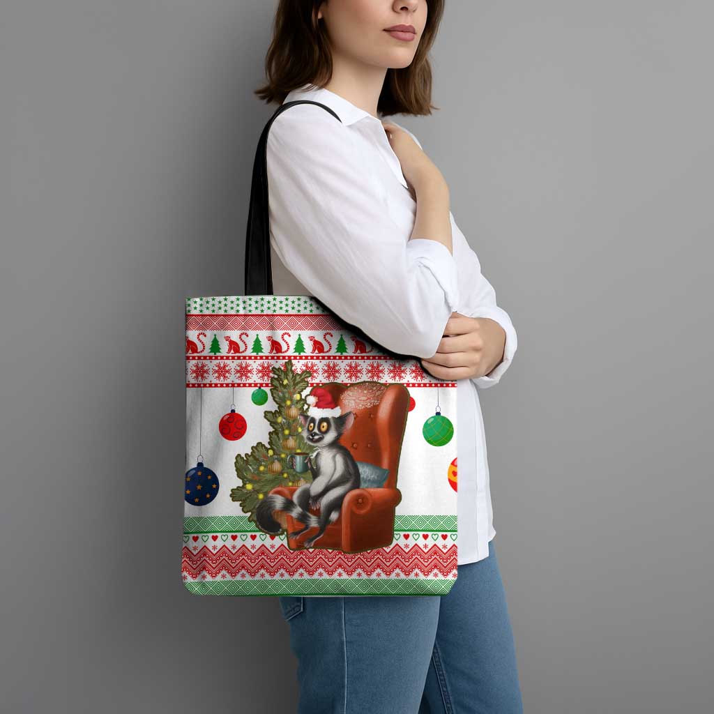 Madagascar Christmas Tote Bag with Lemur Santa Hat Holiday Tree and Festive Pattern - Wonder Print Shop