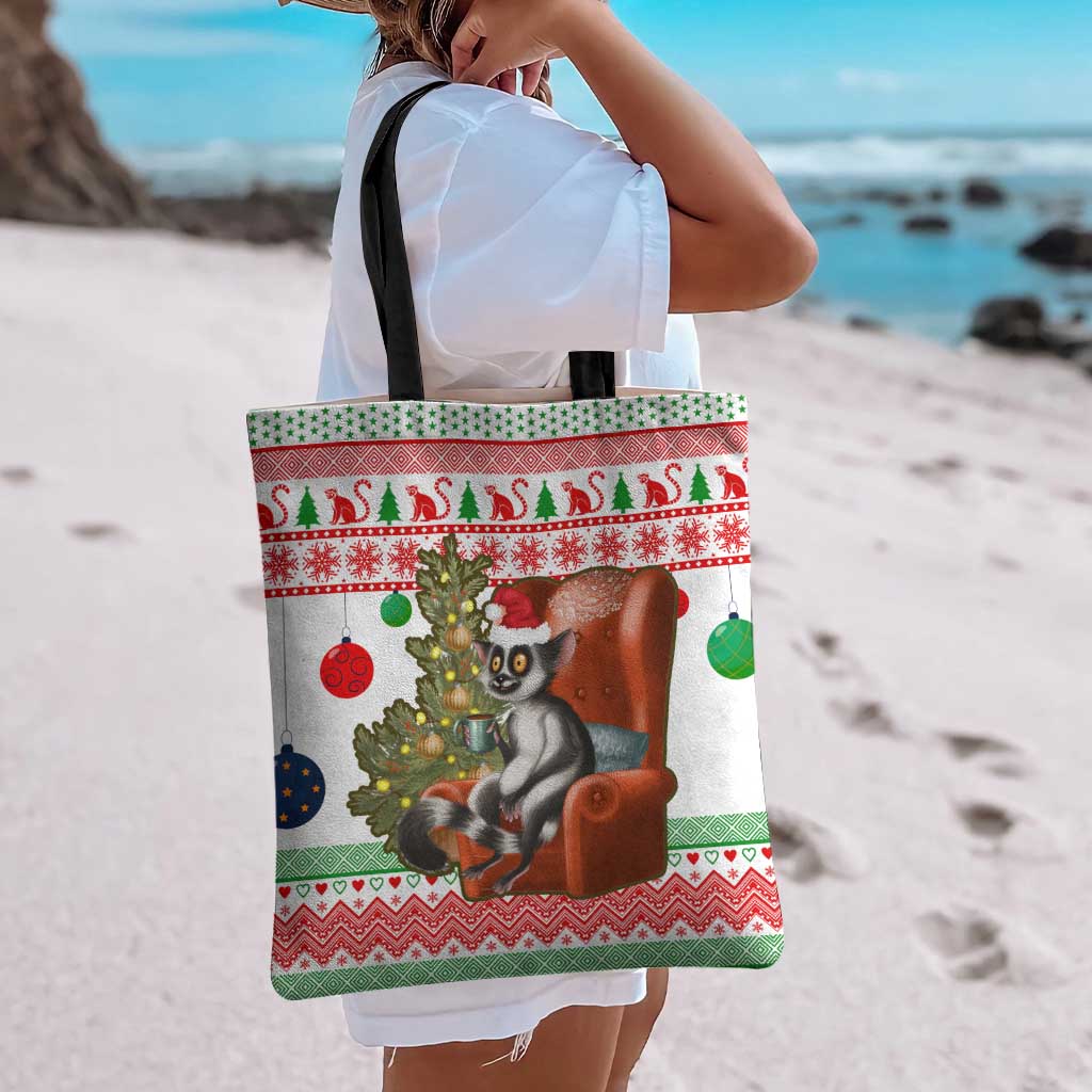 Madagascar Christmas Tote Bag with Lemur Santa Hat Holiday Tree and Festive Pattern - Wonder Print Shop