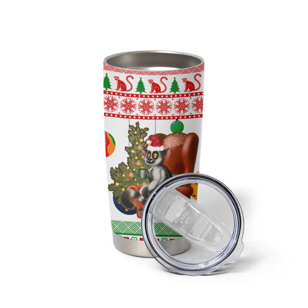 Madagascar Christmas Tumbler Cup with Lemur Santa Hat Holiday Tree and Festive Pattern - Wonder Print Shop