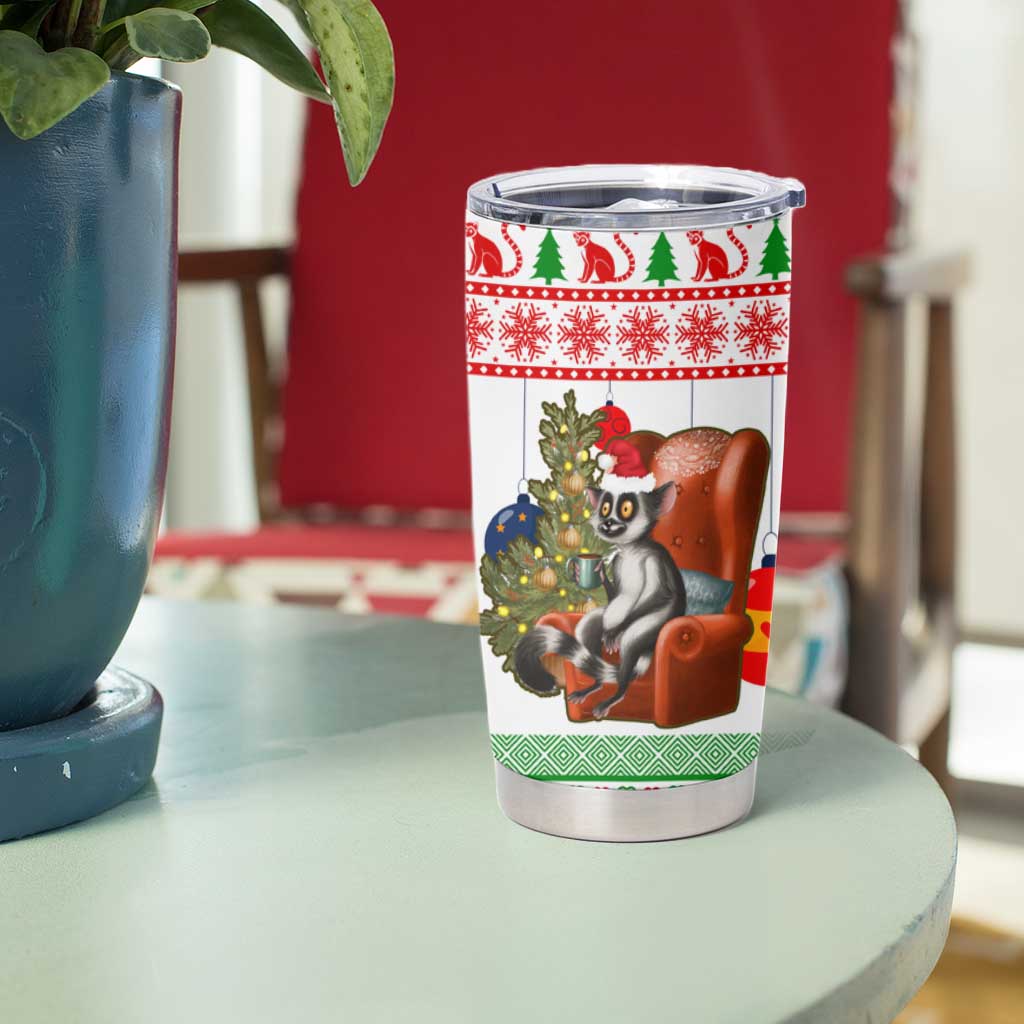 Madagascar Christmas Tumbler Cup with Lemur Santa Hat Holiday Tree and Festive Pattern - Wonder Print Shop