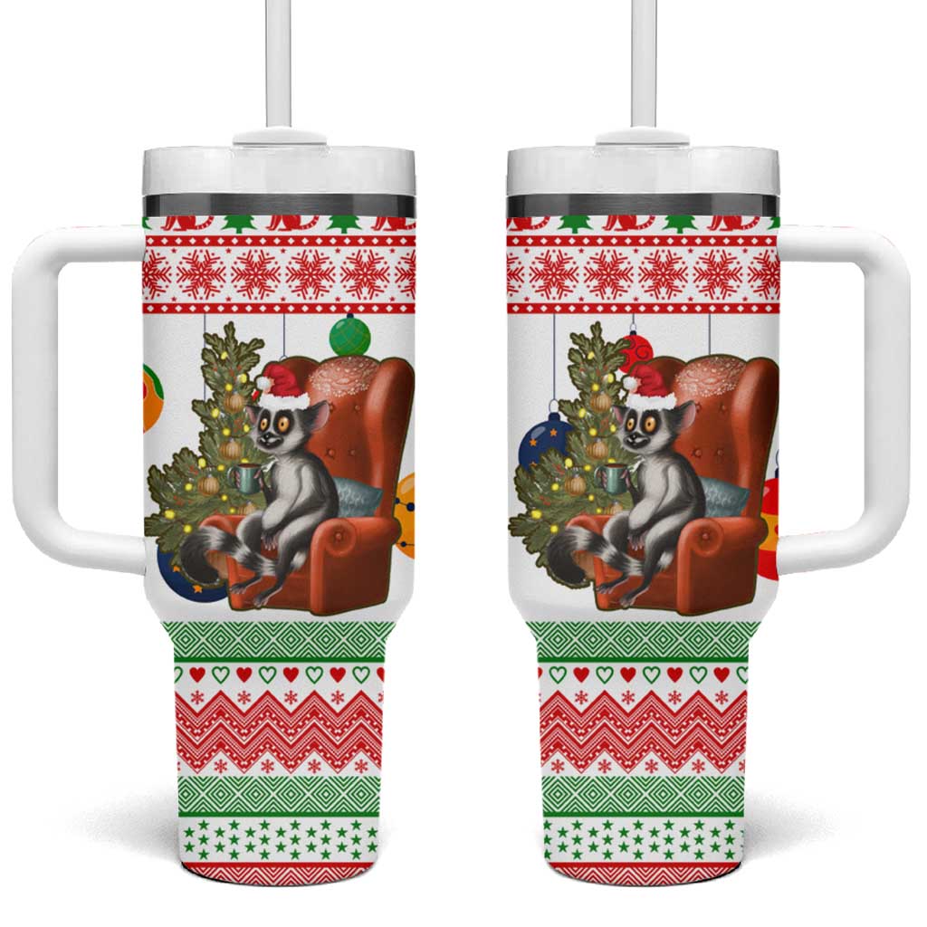 Madagascar Christmas Tumbler With Handle with Lemur Santa Hat Holiday Tree and Festive Pattern - Wonder Print Shop
