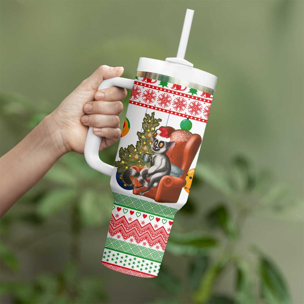 Madagascar Christmas Tumbler With Handle with Lemur Santa Hat Holiday Tree and Festive Pattern - Wonder Print Shop