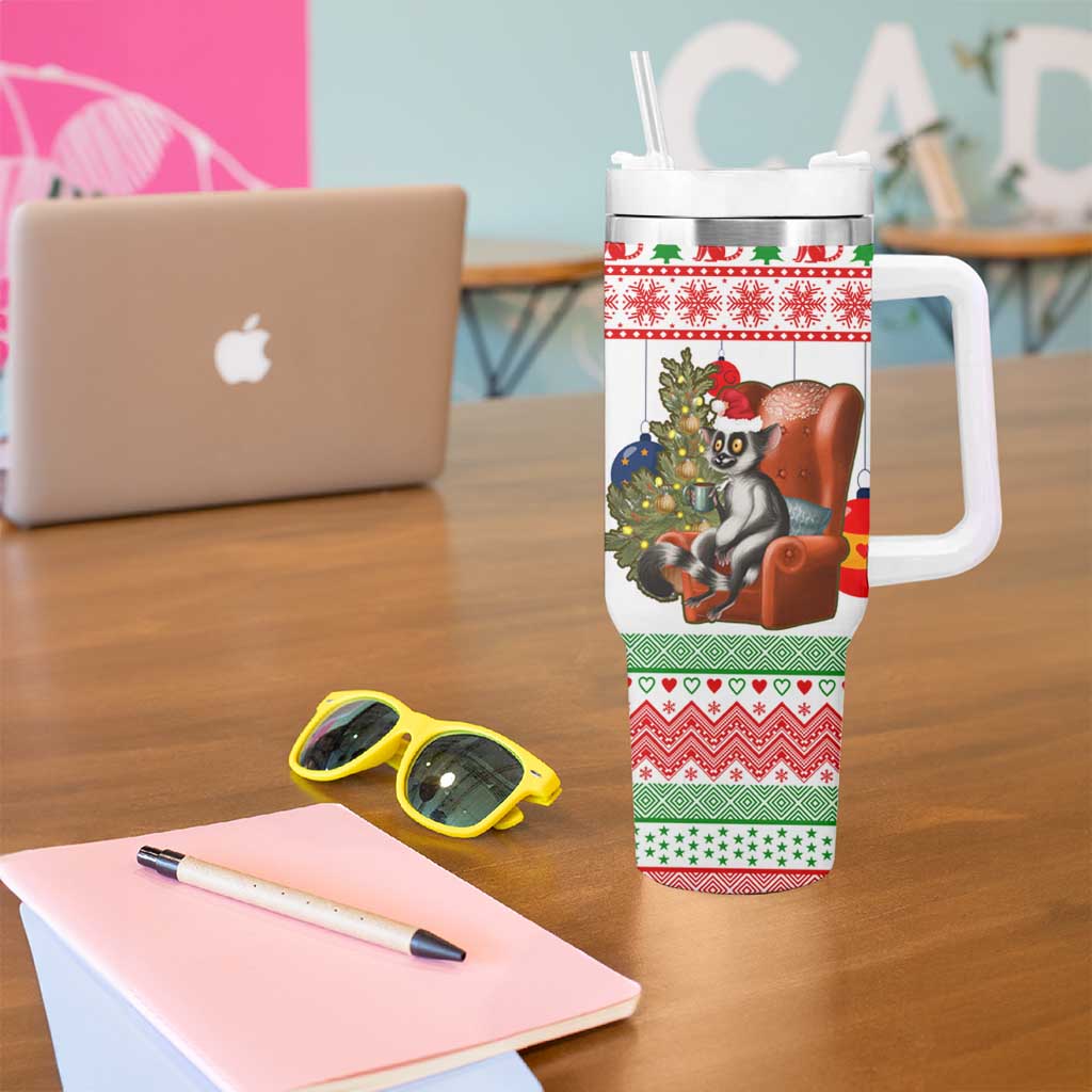 Madagascar Christmas Tumbler With Handle with Lemur Santa Hat Holiday Tree and Festive Pattern - Wonder Print Shop
