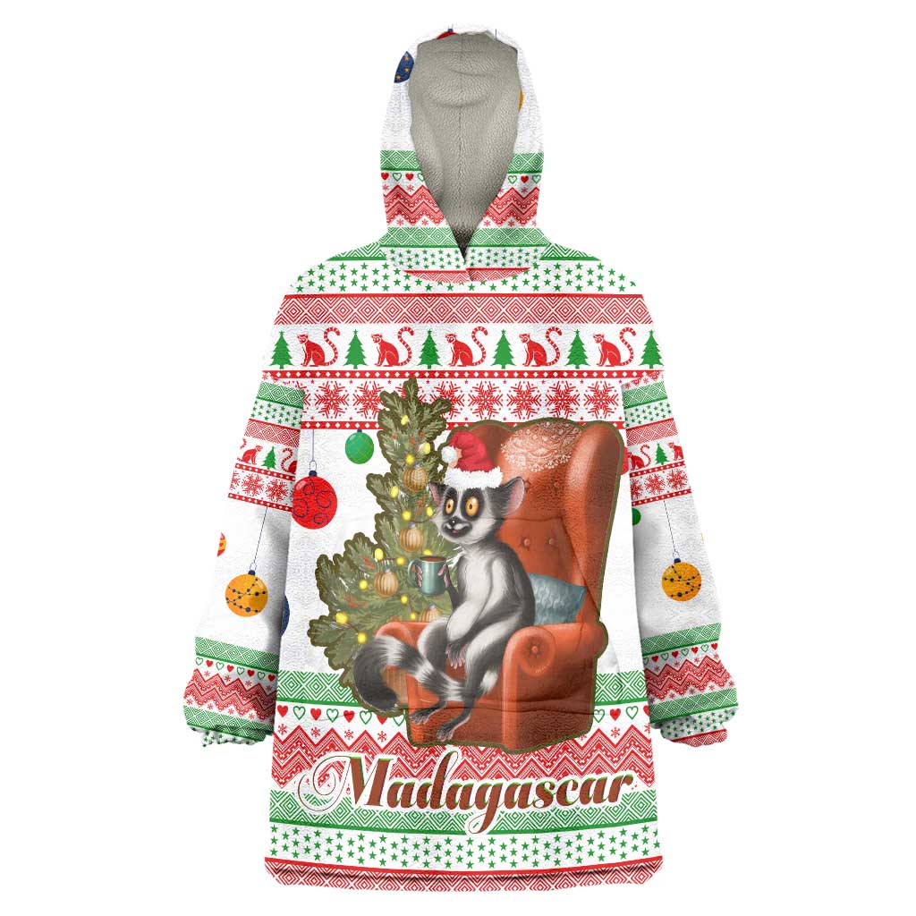 Madagascar Christmas Wearable Blanket Hoodie with Lemur Santa Hat Holiday Tree and Festive Pattern - Wonder Print Shop