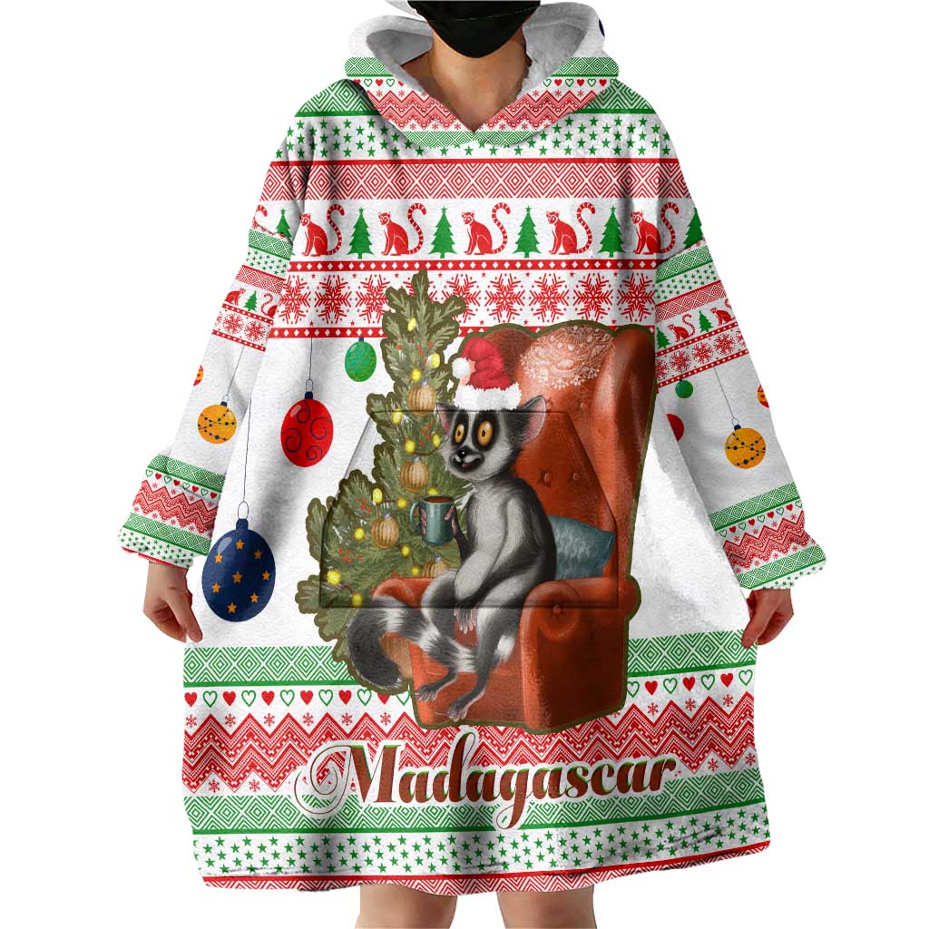Madagascar Christmas Wearable Blanket Hoodie with Lemur Santa Hat Holiday Tree and Festive Pattern - Wonder Print Shop