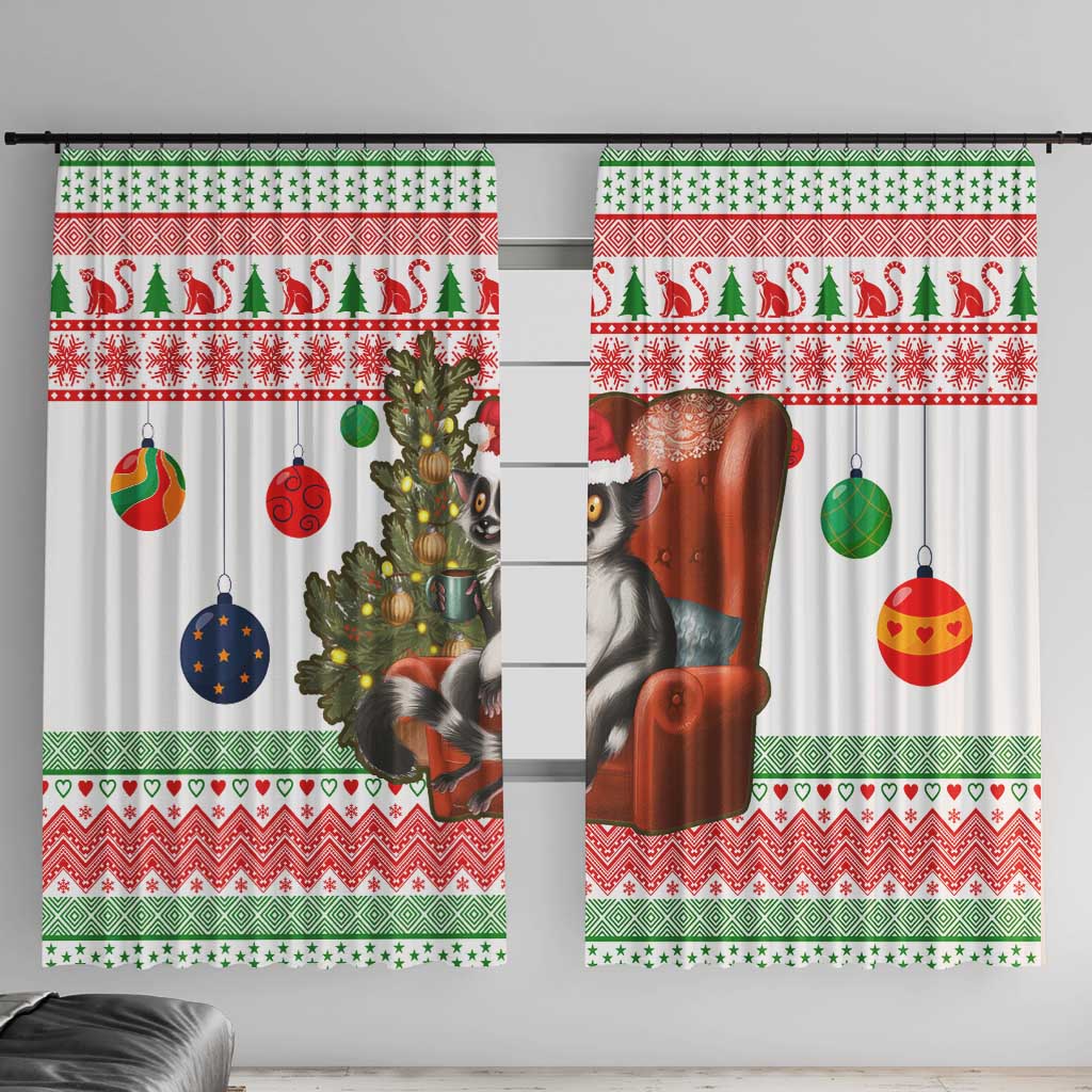 Madagascar Christmas Window Curtain with Lemur Santa Hat Holiday Tree and Festive Pattern - Wonder Print Shop