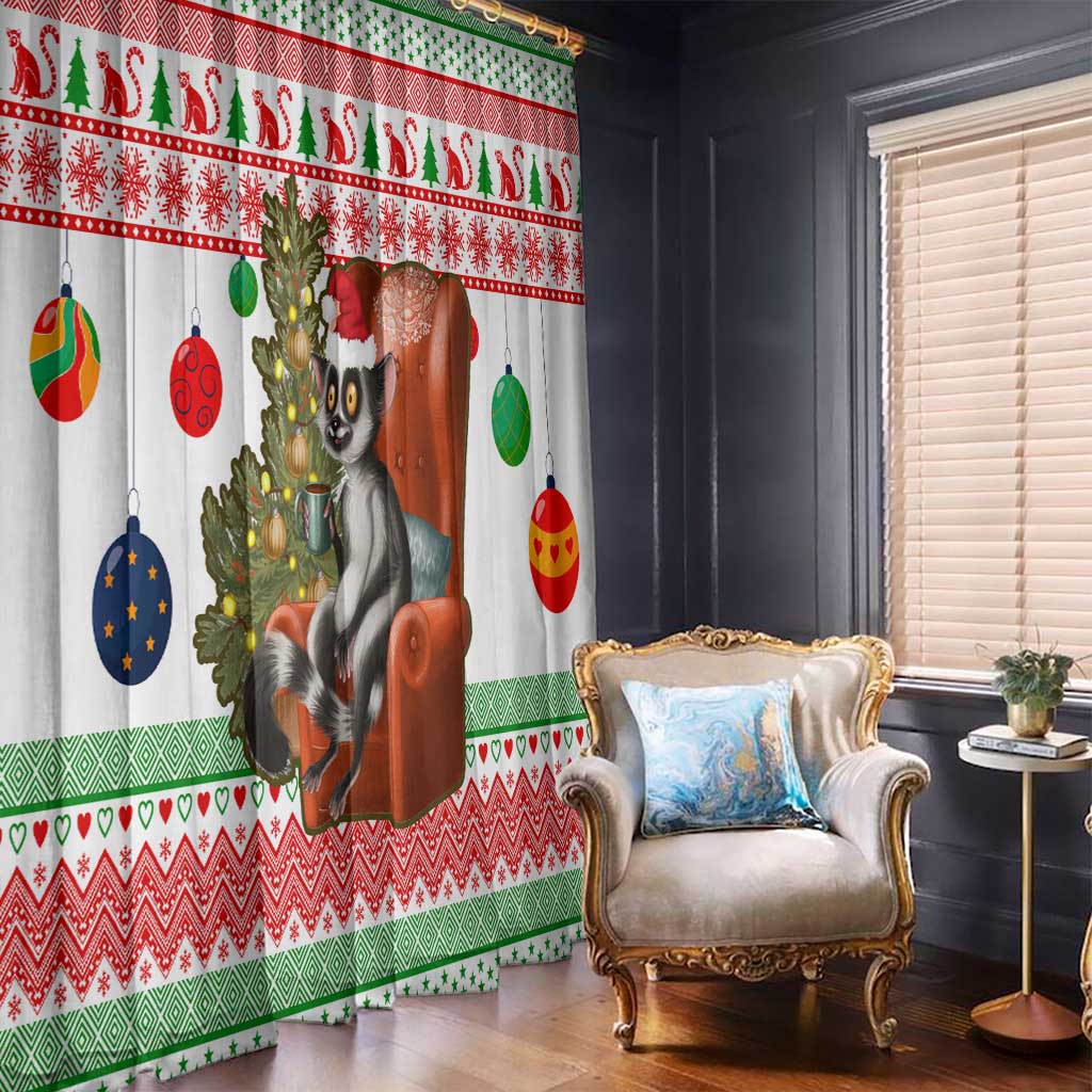 Madagascar Christmas Window Curtain with Lemur Santa Hat Holiday Tree and Festive Pattern - Wonder Print Shop