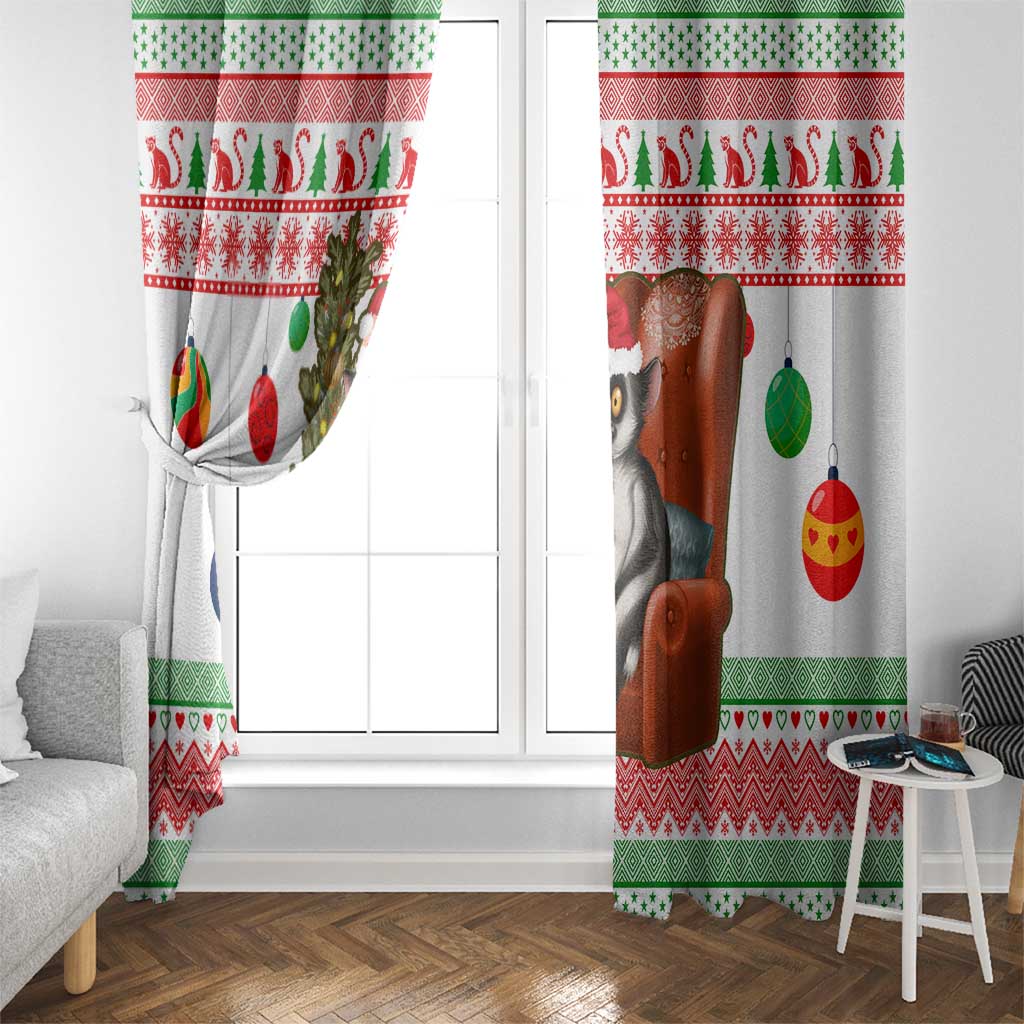 Madagascar Christmas Window Curtain with Lemur Santa Hat Holiday Tree and Festive Pattern - Wonder Print Shop