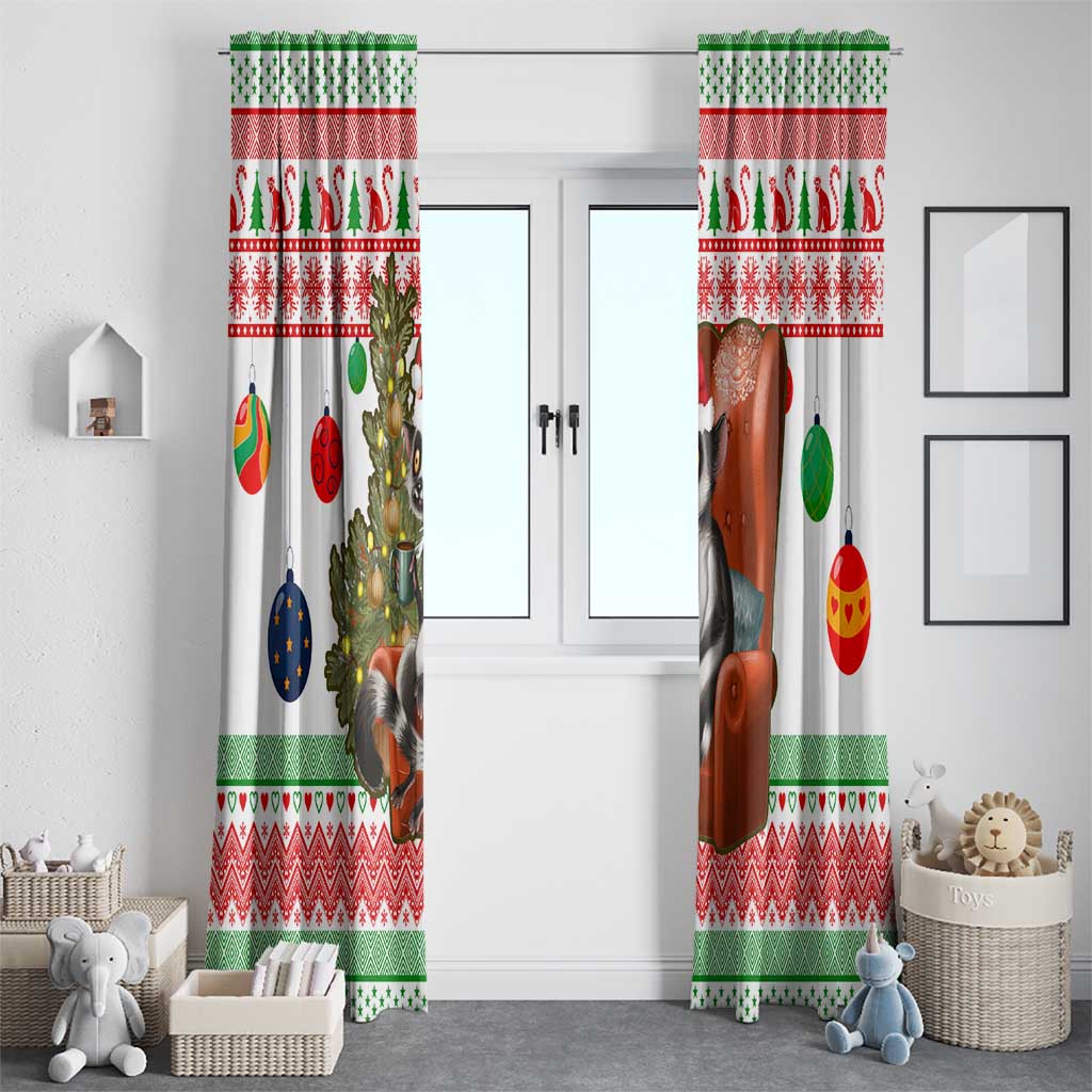 Madagascar Christmas Window Curtain with Lemur Santa Hat Holiday Tree and Festive Pattern - Wonder Print Shop