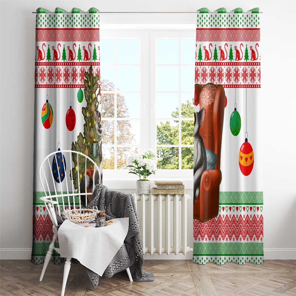 Madagascar Christmas Window Curtain with Lemur Santa Hat Holiday Tree and Festive Pattern - Wonder Print Shop