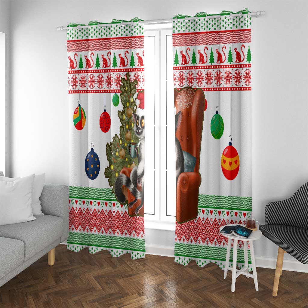 Madagascar Christmas Window Curtain with Lemur Santa Hat Holiday Tree and Festive Pattern - Wonder Print Shop