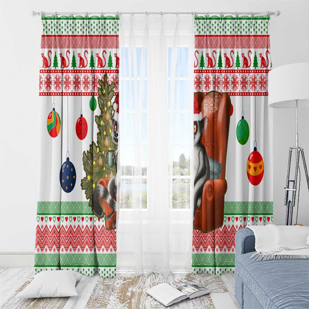 Madagascar Christmas Window Curtain with Lemur Santa Hat Holiday Tree and Festive Pattern - Wonder Print Shop