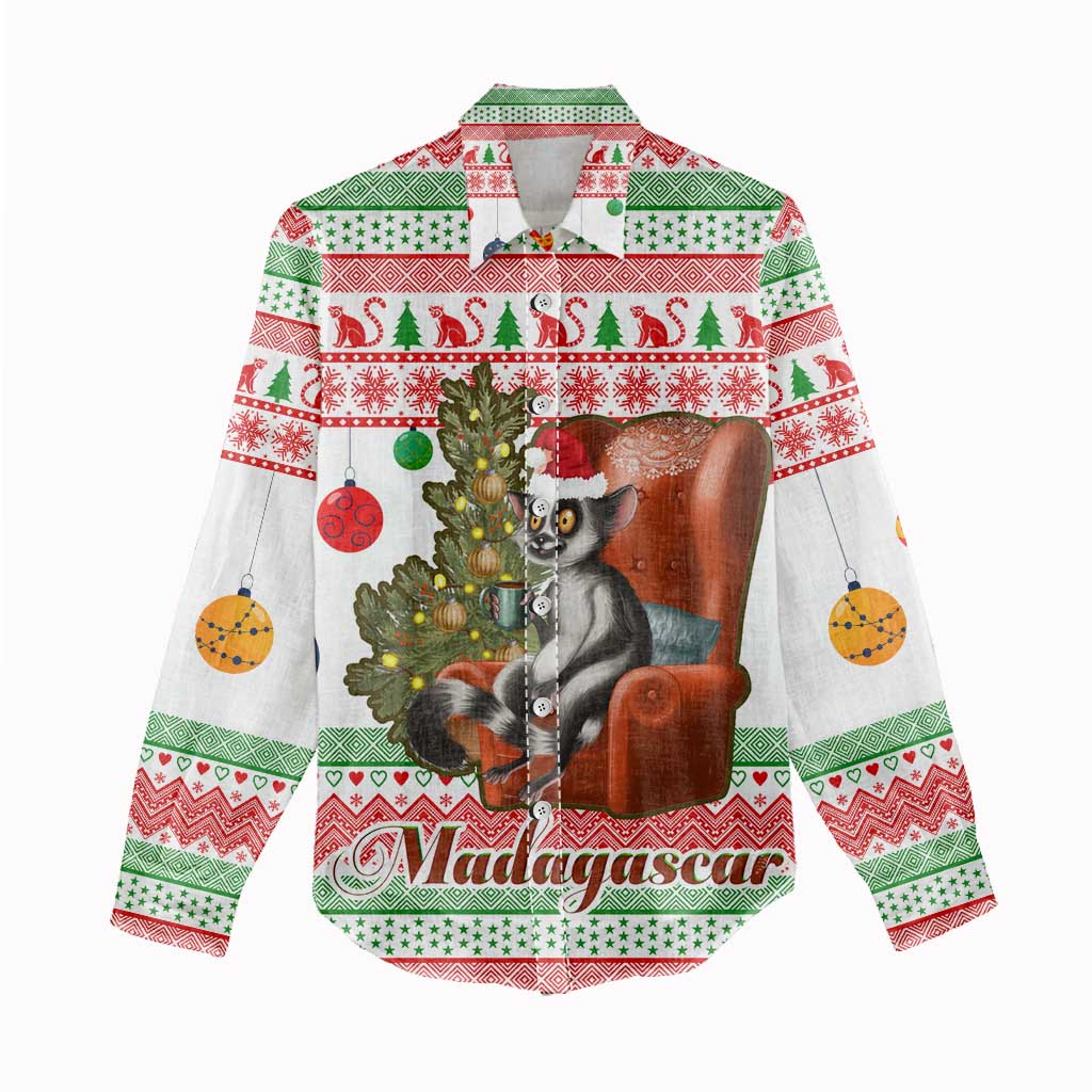 Madagascar Christmas Women Casual Shirt with Lemur Santa Hat Holiday Tree and Festive Pattern - Wonder Print Shop