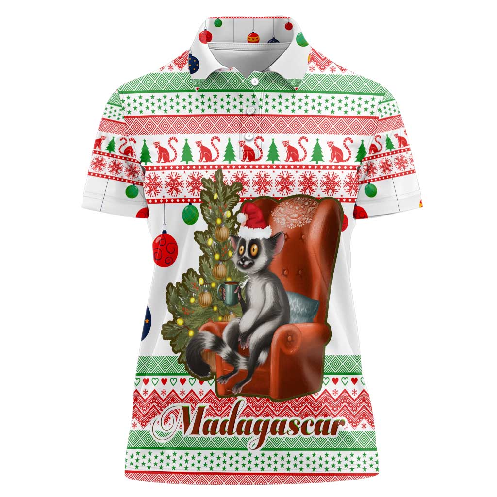 Madagascar Christmas Women Polo Shirt with Lemur Santa Hat Holiday Tree and Festive Pattern - Wonder Print Shop