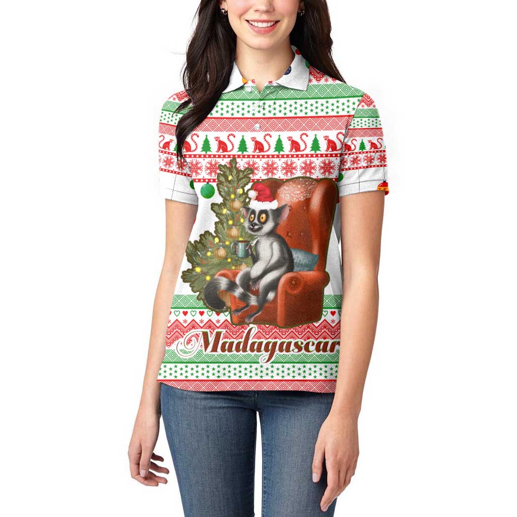 Madagascar Christmas Women Polo Shirt with Lemur Santa Hat Holiday Tree and Festive Pattern - Wonder Print Shop