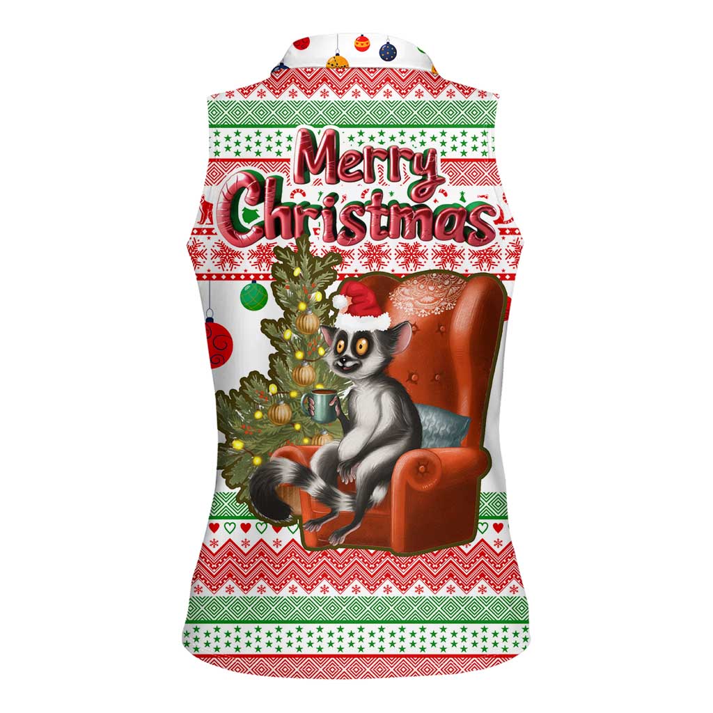 Madagascar Christmas Women Sleeveless Polo Shirt with Lemur Santa Hat Holiday Tree and Festive Pattern - Wonder Print Shop