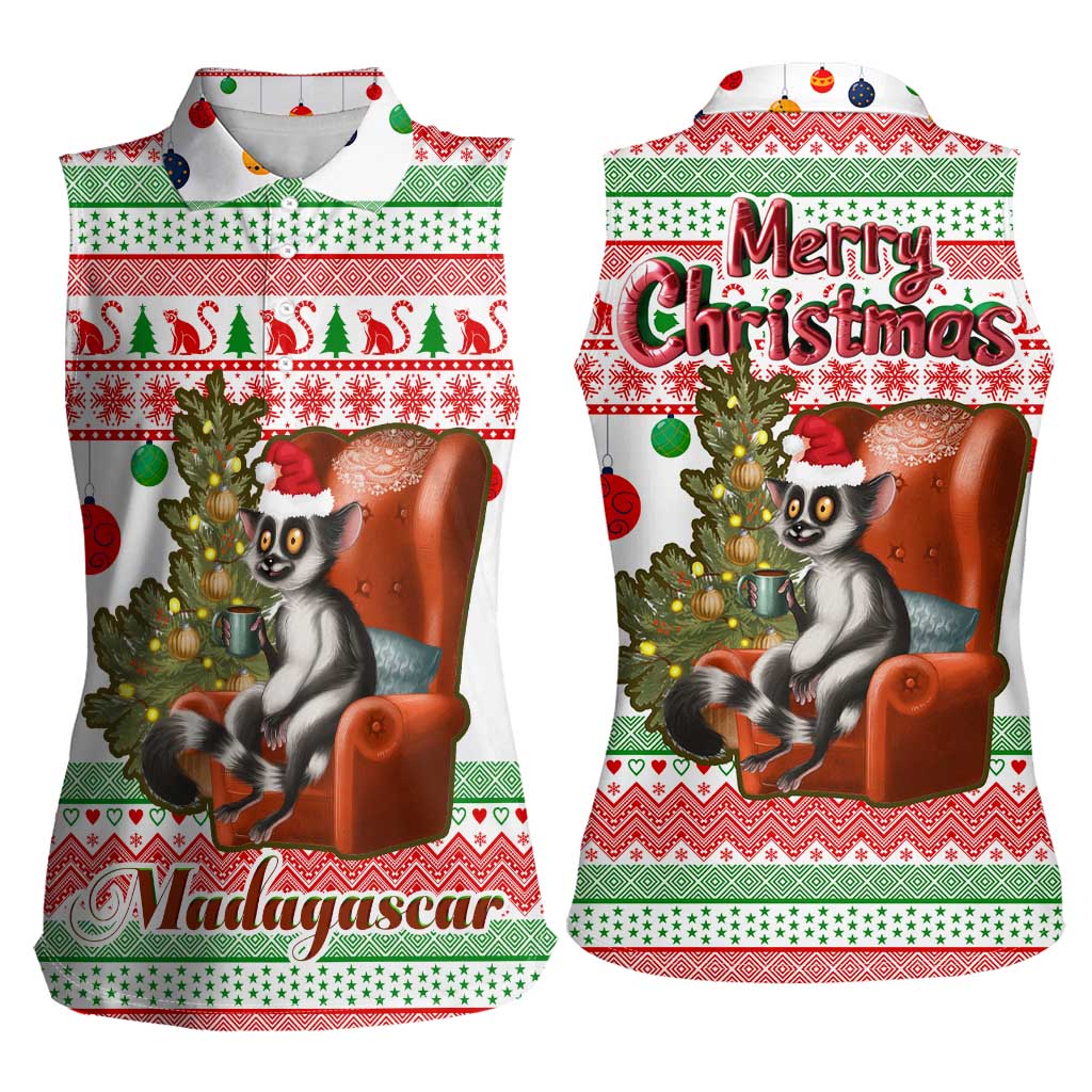 Madagascar Christmas Women Sleeveless Polo Shirt with Lemur Santa Hat Holiday Tree and Festive Pattern - Wonder Print Shop