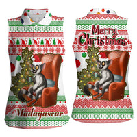 Madagascar Christmas Women Sleeveless Polo Shirt with Lemur Santa Hat Holiday Tree and Festive Pattern - Wonder Print Shop