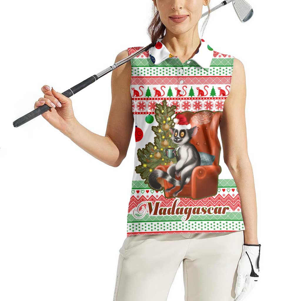 Madagascar Christmas Women Sleeveless Polo Shirt with Lemur Santa Hat Holiday Tree and Festive Pattern - Wonder Print Shop