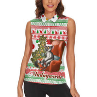 Madagascar Christmas Women Sleeveless Polo Shirt with Lemur Santa Hat Holiday Tree and Festive Pattern - Wonder Print Shop
