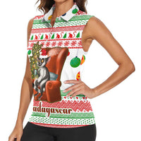 Madagascar Christmas Women Sleeveless Polo Shirt with Lemur Santa Hat Holiday Tree and Festive Pattern - Wonder Print Shop