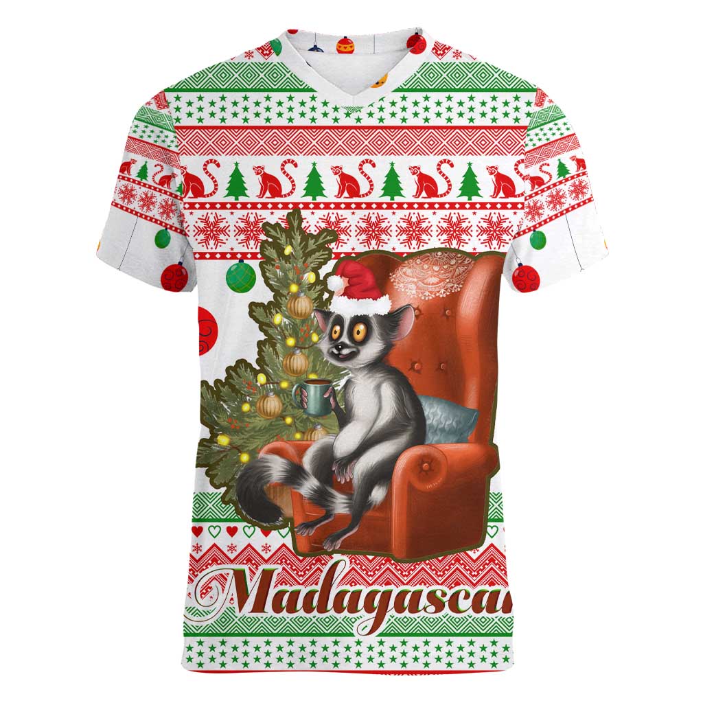 Madagascar Christmas Women V-Neck T-Shirt with Lemur Santa Hat Holiday Tree and Festive Pattern - Wonder Print Shop