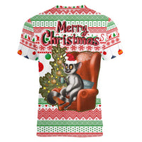 Madagascar Christmas Women V-Neck T-Shirt with Lemur Santa Hat Holiday Tree and Festive Pattern - Wonder Print Shop