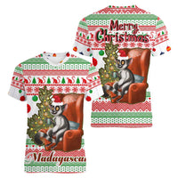 Madagascar Christmas Women V-Neck T-Shirt with Lemur Santa Hat Holiday Tree and Festive Pattern - Wonder Print Shop