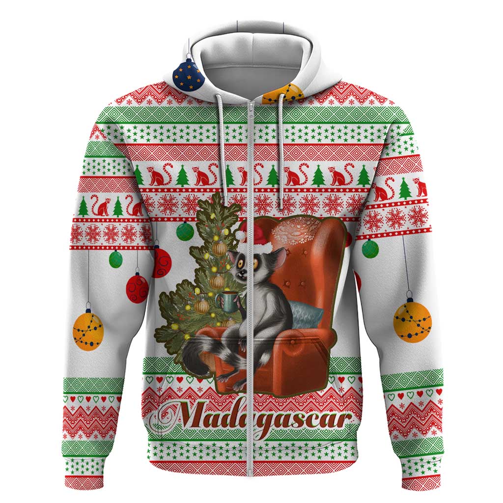 Madagascar Christmas Zip Hoodie with Lemur Santa Hat Holiday Tree and Festive Pattern - Wonder Print Shop