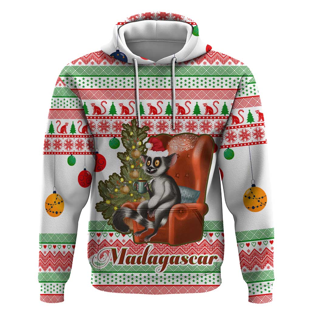 Madagascar Christmas Zip Hoodie with Lemur Santa Hat Holiday Tree and Festive Pattern - Wonder Print Shop