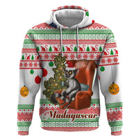 Madagascar Christmas Zip Hoodie with Lemur Santa Hat Holiday Tree and Festive Pattern - Wonder Print Shop