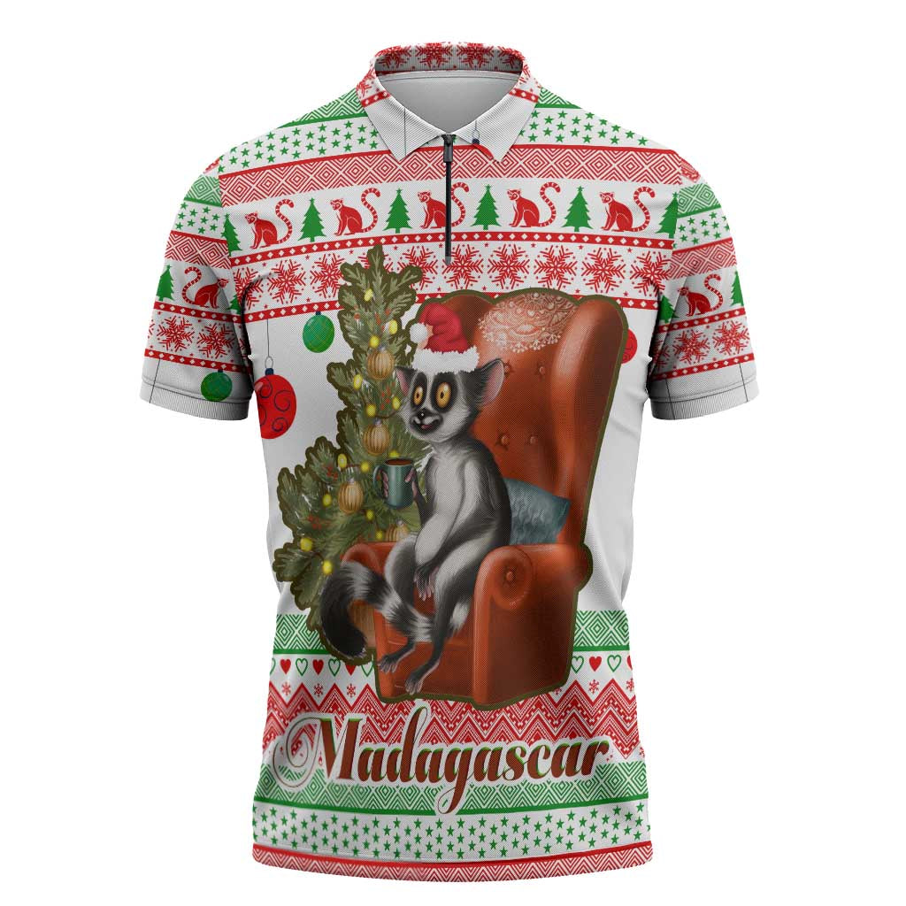Madagascar Christmas Zipper Polo Shirt with Lemur Santa Hat Holiday Tree and Festive Pattern - Wonder Print Shop